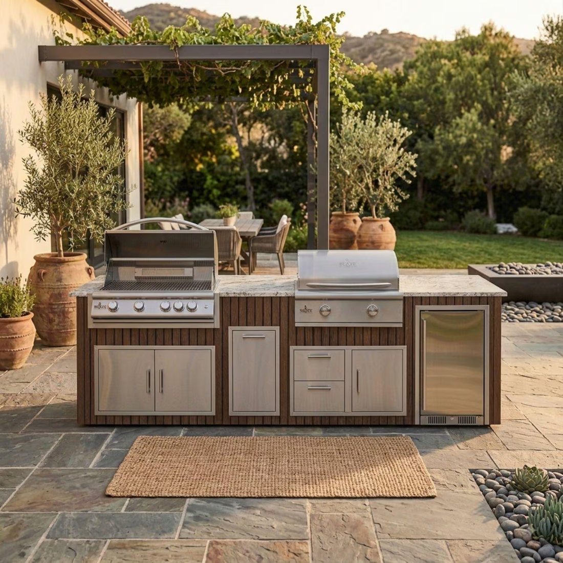 Outdoor kitchen with built-in gas grills and stainless cabinets on a stone patio