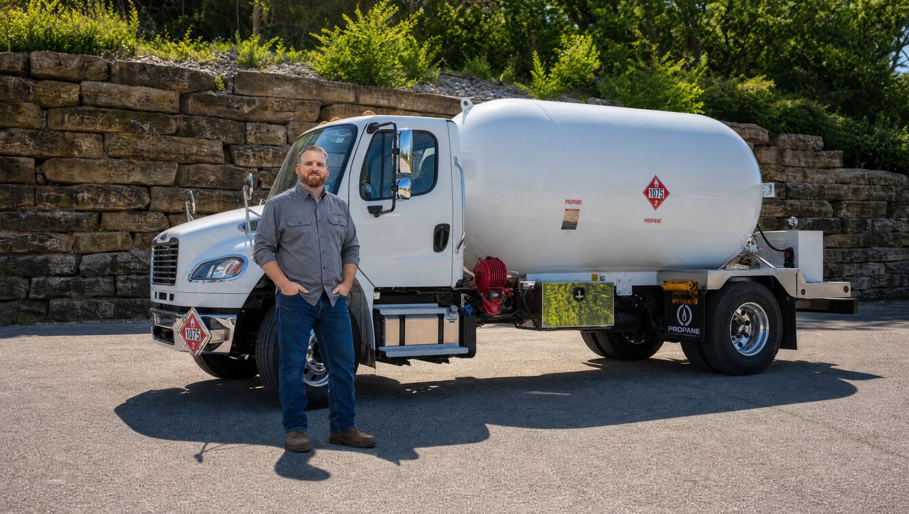 Nathan standing in front of a Nathan's Propane delivery truck